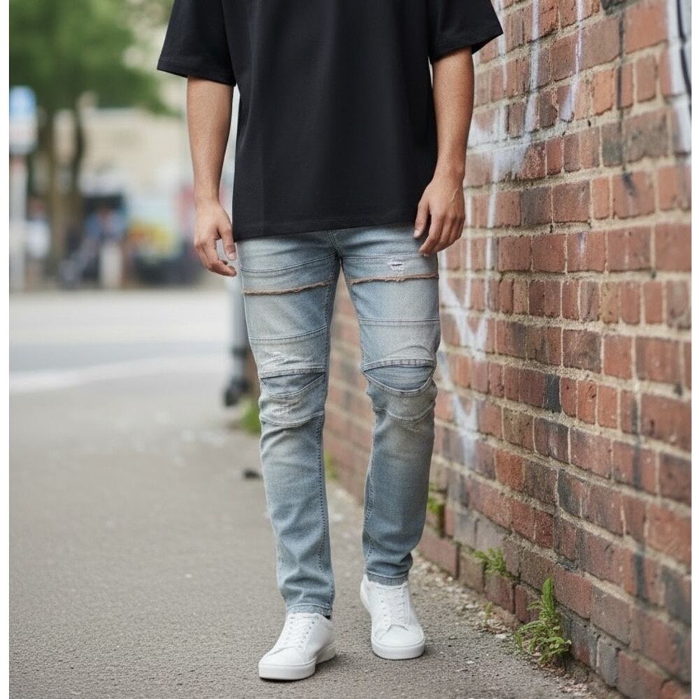 Y2K Moto Skinny Jeans Men 34 Light Wash Biker Streetwear Denim Kayden K